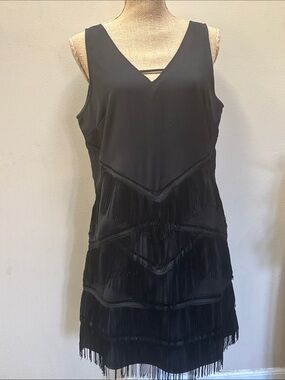 Skies Are Blue Black Fringe V-Neck Mini Dress